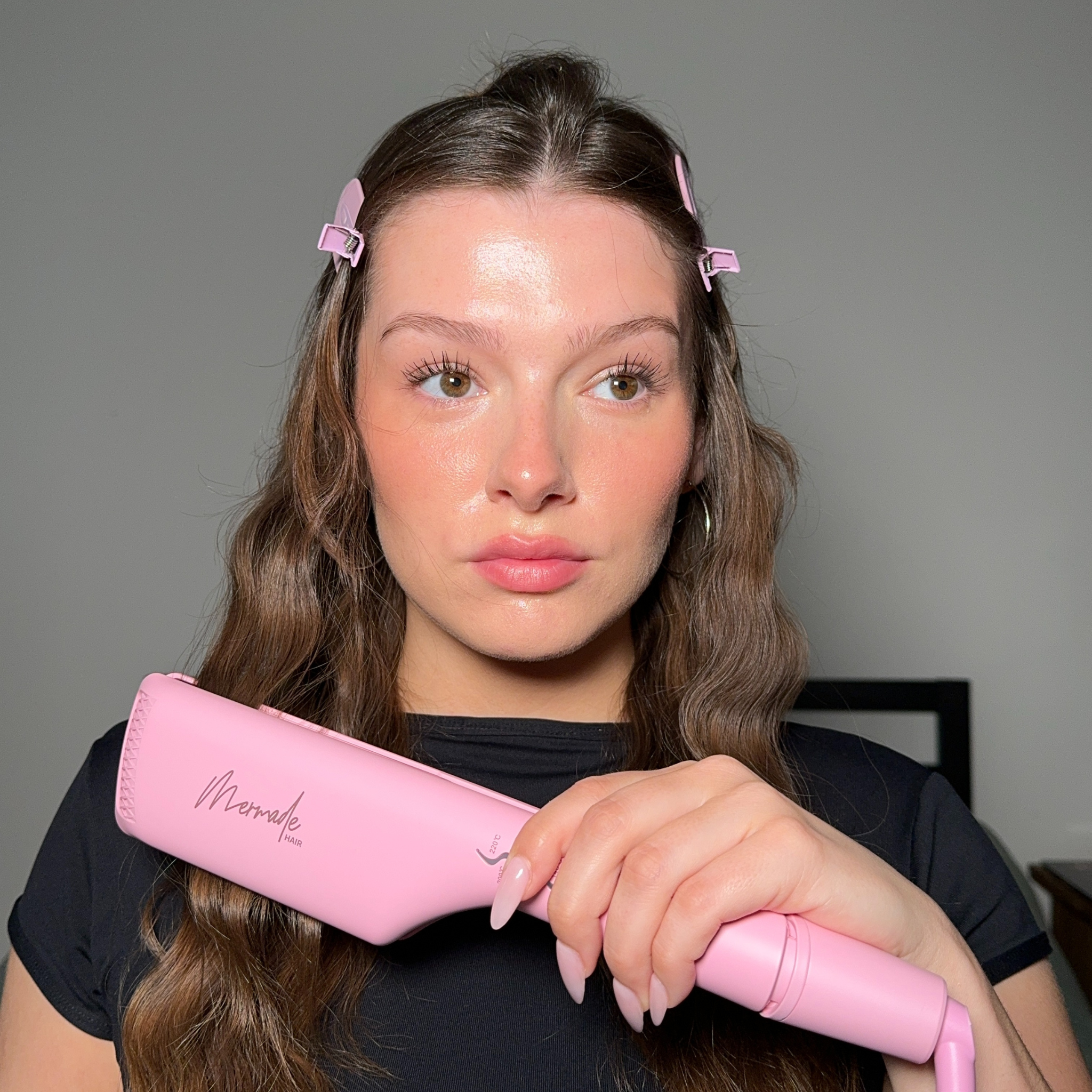 Model using Mermade Hair Double Waver Pink with Pink Grip Clips