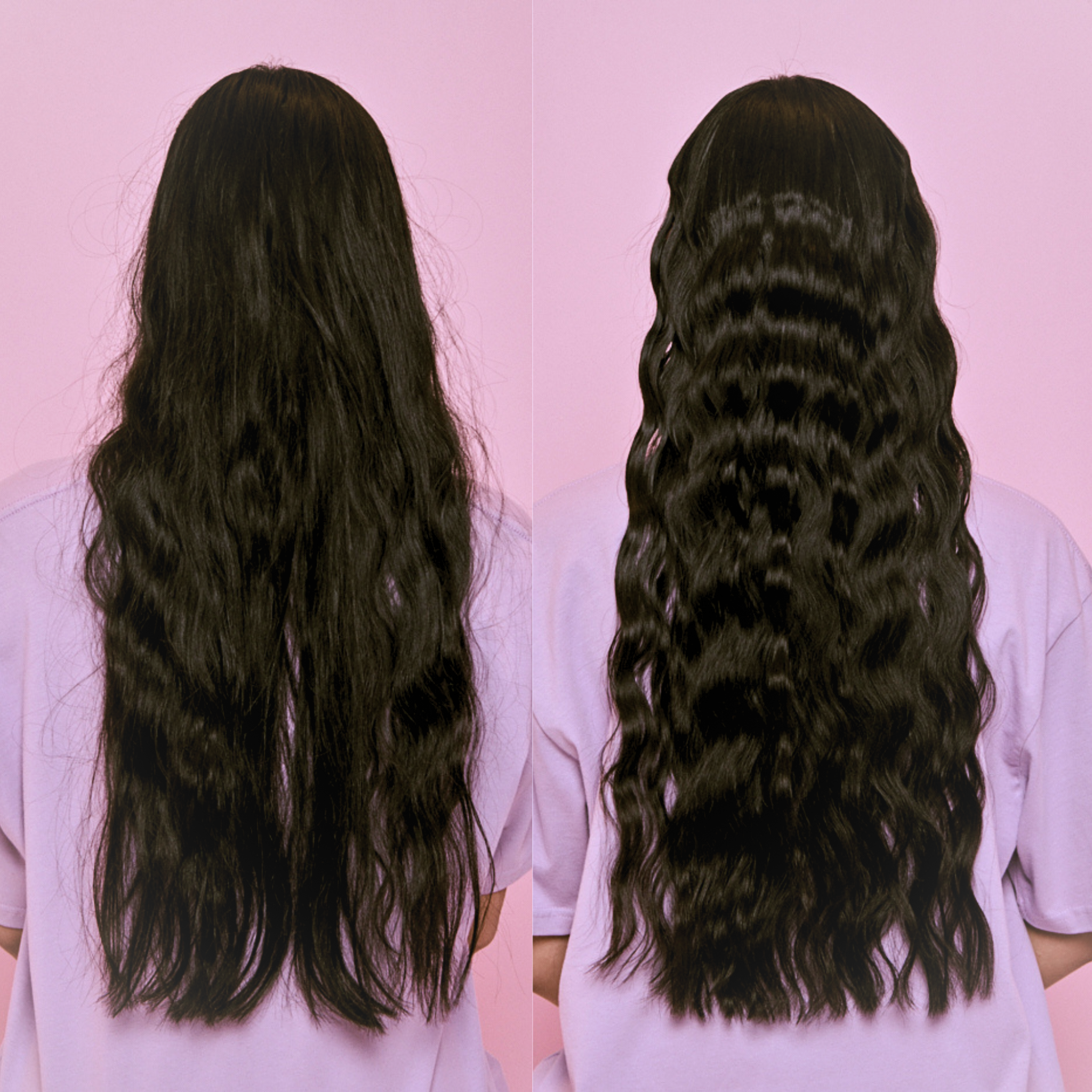 Before and after of the Mermade Hair Style Wand