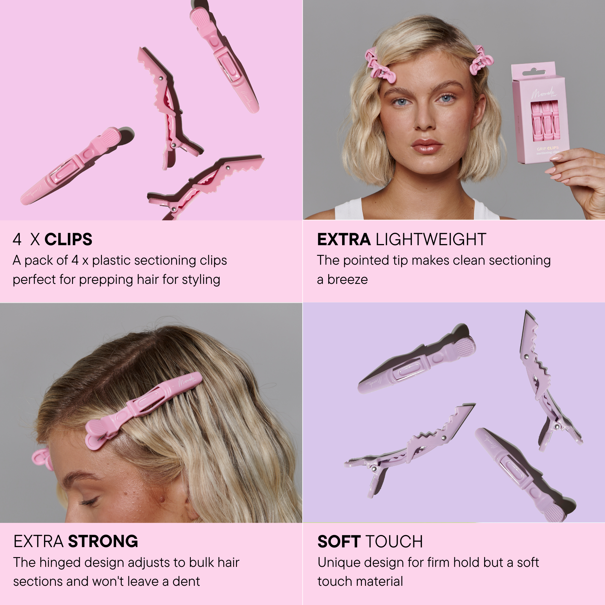 Features and benefits of the Mermade Hair Pink Grip Clips