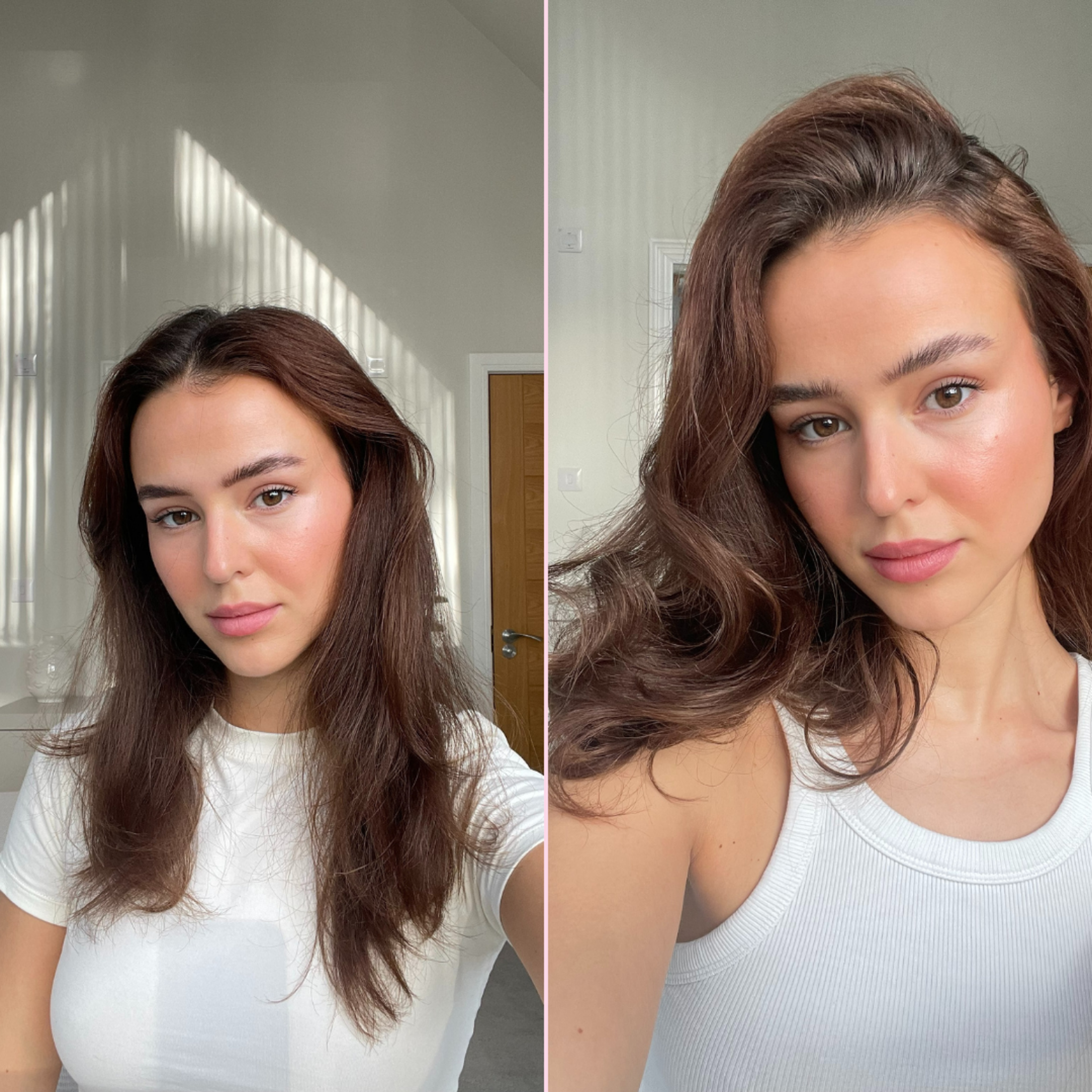 Before and after of model using the Mermade Hair Heatless Curls Kit