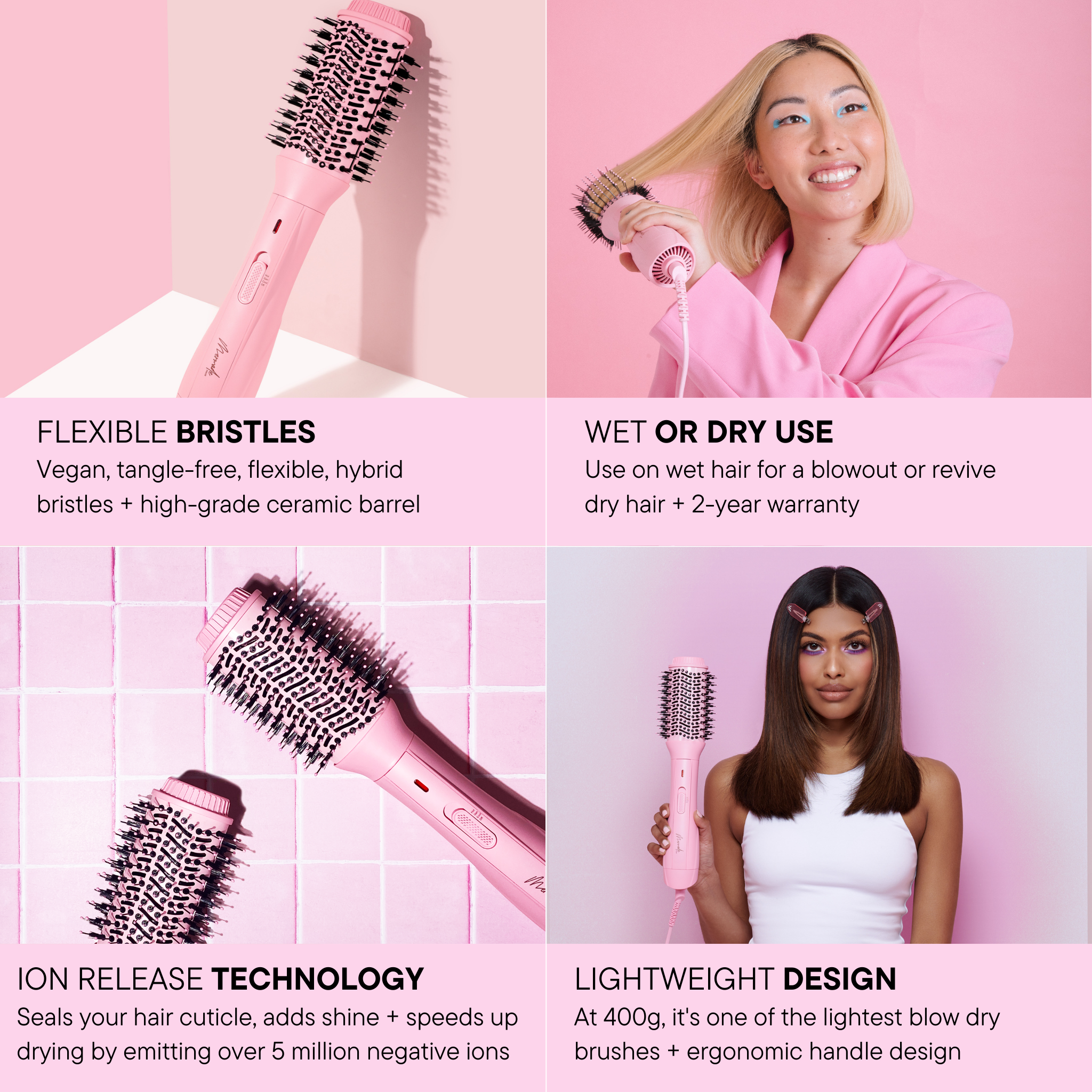 features and benefits of the Mermade Hair Blow Dry Brush - Signature Pink