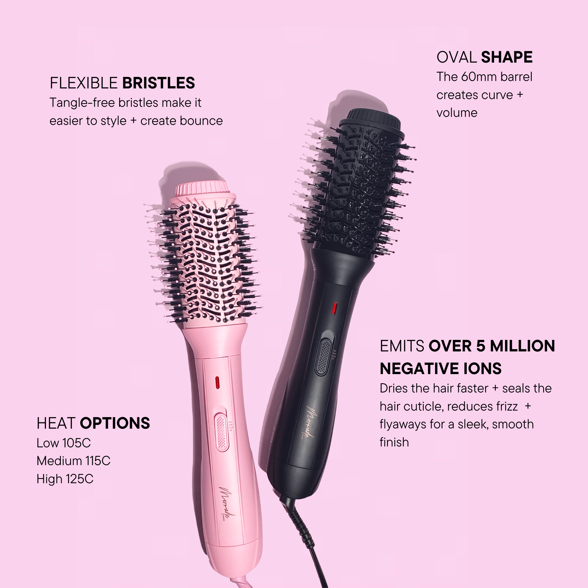 Features and benefits of the Mermade Hair Blow Dry Brush - Signature Pink