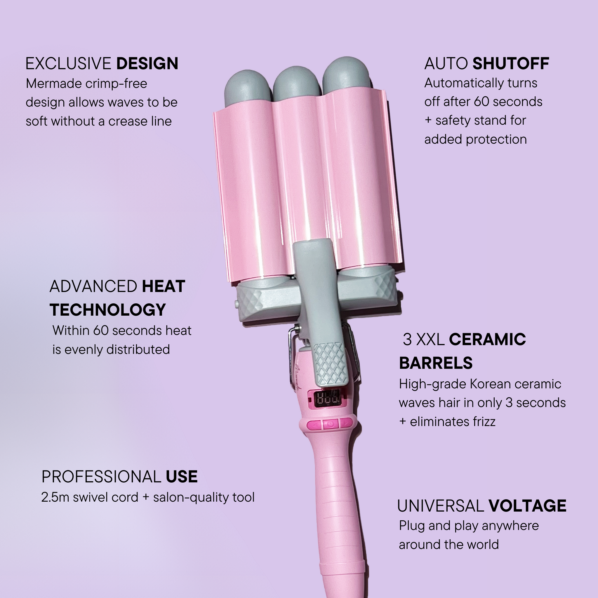 Features and benefits of the Mermade PRO Hair Waver - 1.25" Pink