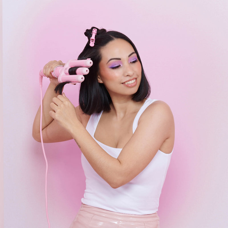 Model using Mermade PRO Mini Hair Waver - 1" Pink