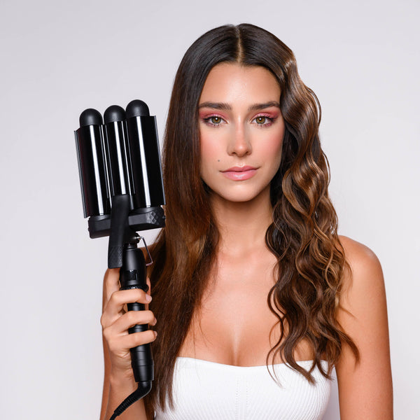 Model with hair curled waves with Mermade PRO Hair Waver - 1.25" Black