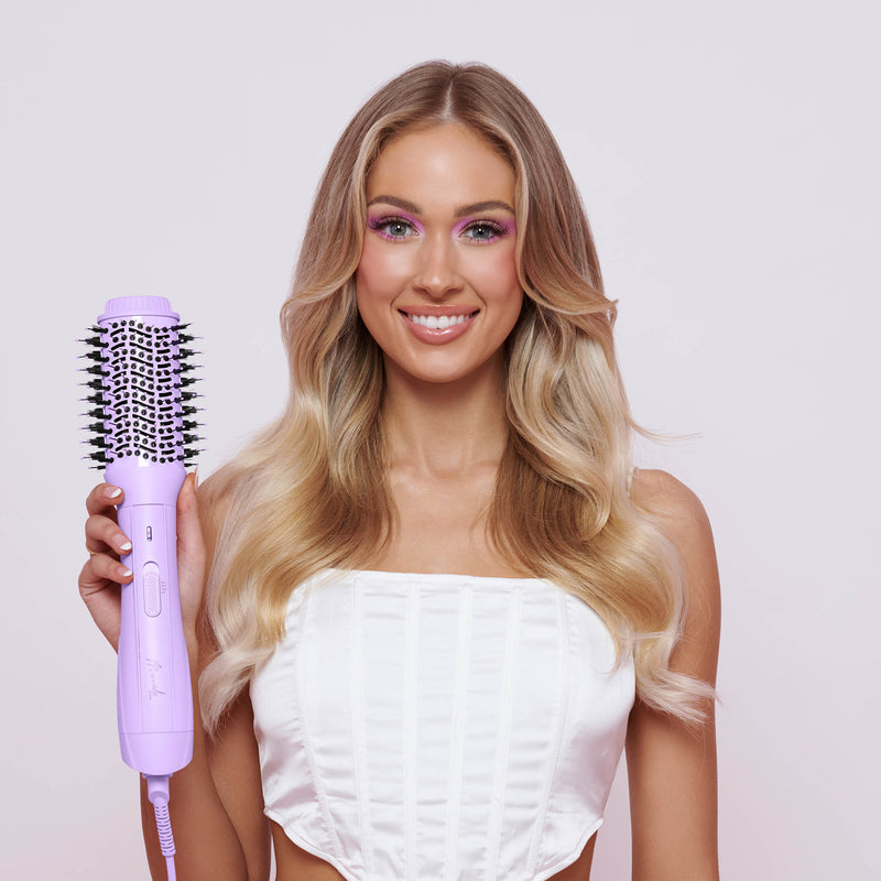 Happy Model long hair with Mermade Hair Blow Dry Brush in Lilac